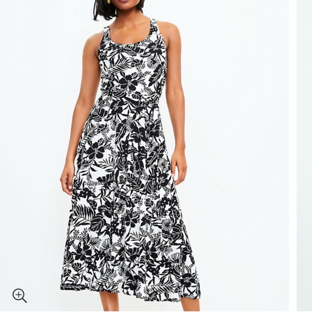 LOFT Black and White Floral Midi Dress